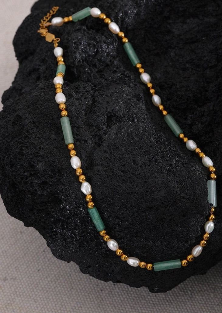 Bead-long with You - Green Aventurine & Pearl Collar Necklace - Stella Sage