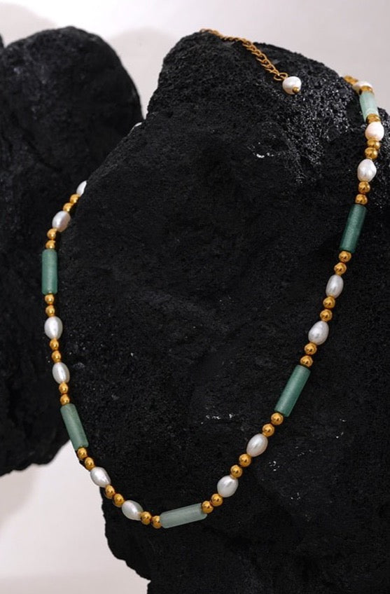 Bead-long with You - Green Aventurine & Pearl Collar Necklace - Stella Sage