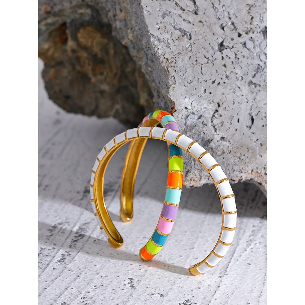 Golden Stripe White Enamel Cuff Bracelet - Stella Sage