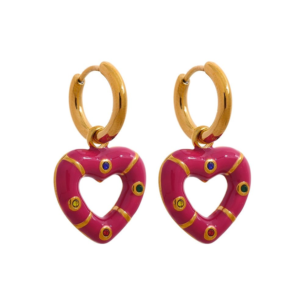 Colorful Emotions Enamel Heart Drop Hoop Earrings - Stella Sage